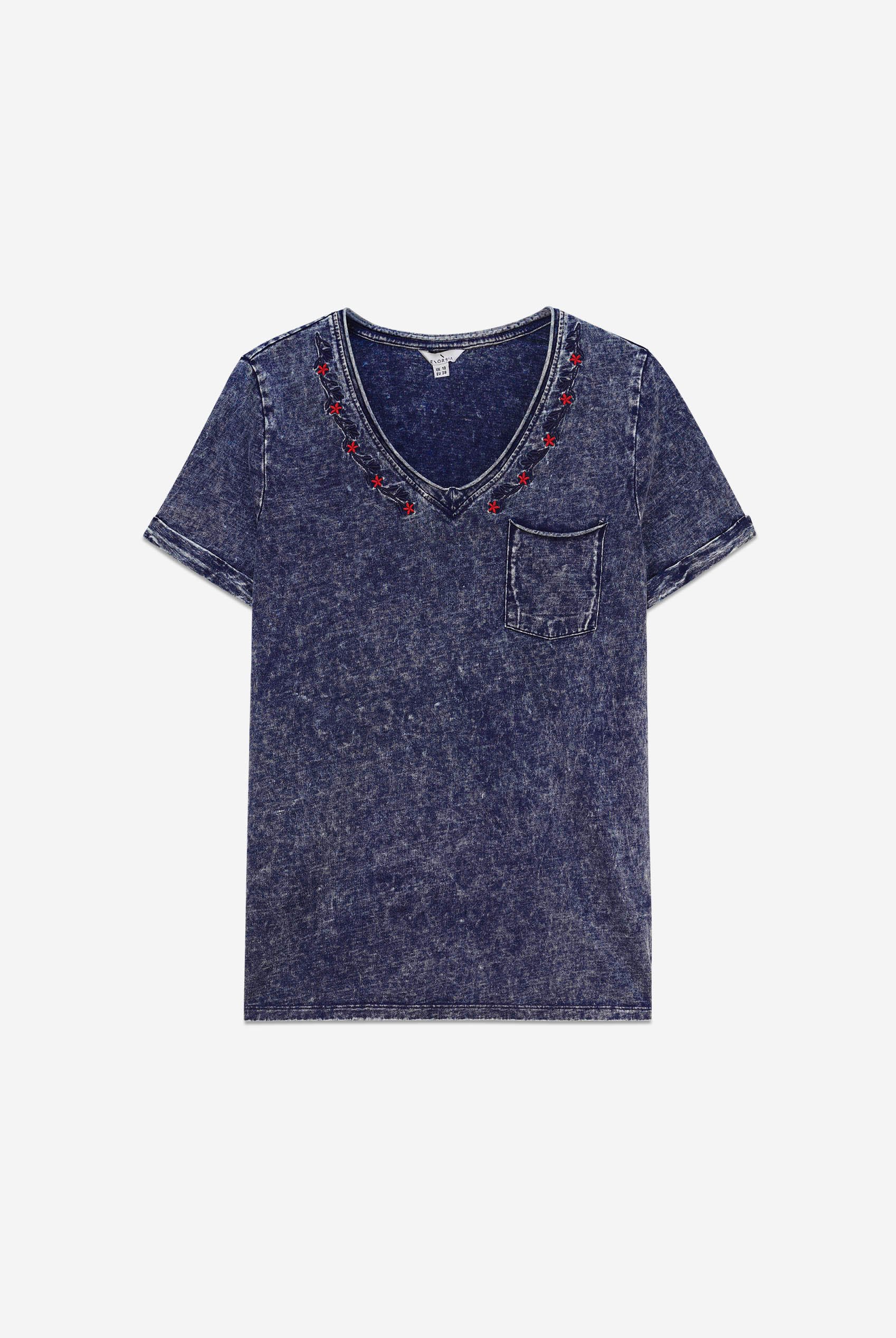 Indigo Washed Embroidered V-Neck T-shirt