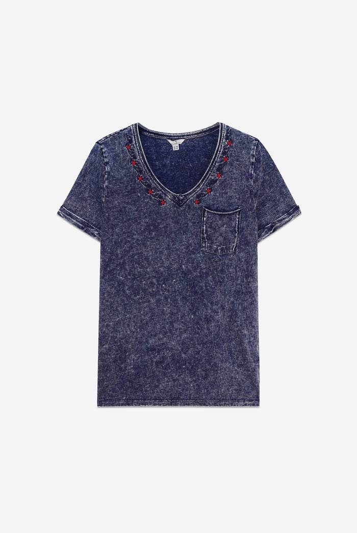 Indigo Washed Embroidered V-Neck T-shirt