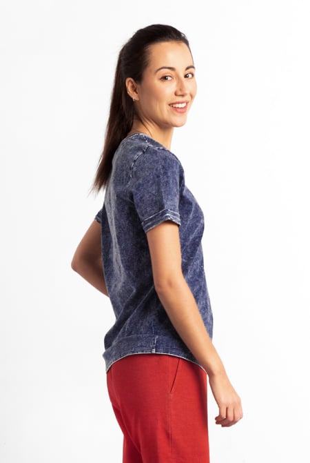 Blue Indigo Washed Embroidered V-Neck T-shirt