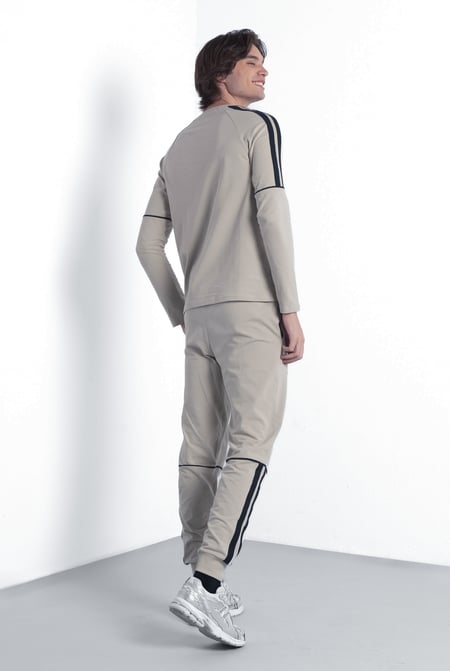 Beige Stretch Jersey Long Sleeve Tee And Jogger Set