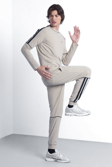 Beige Stretch Jersey Long Sleeve Tee And Jogger Set