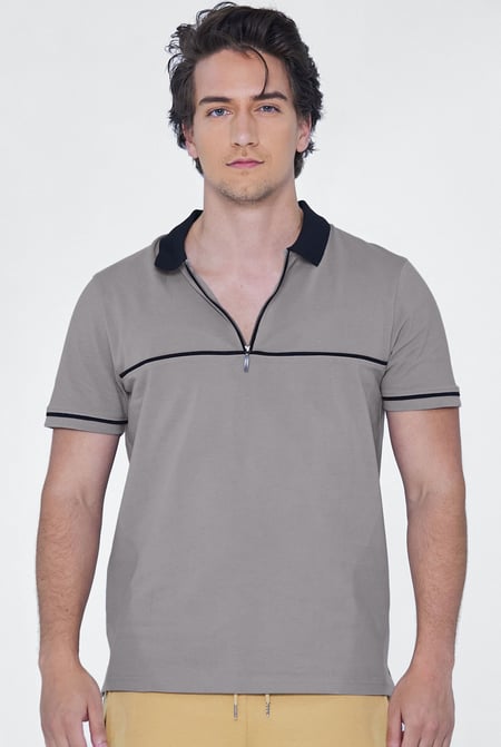 Grey Contrast Collar Zip-Up Polo Shirt