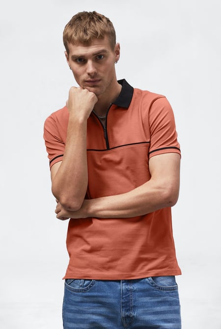 Grey Contrast Collar Zip-Up Polo Shirt