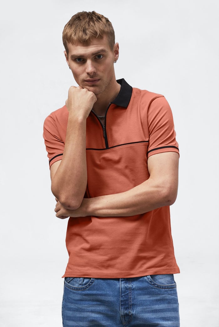 Contrast Collar Zip-Up Polo Shirt