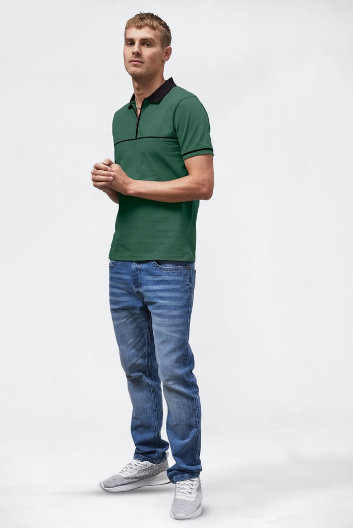 Contrast Collar Zip-Up Polo Shirt