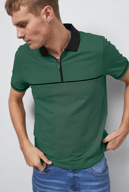 Green Contrast Collar Zip-Up Polo Shirt