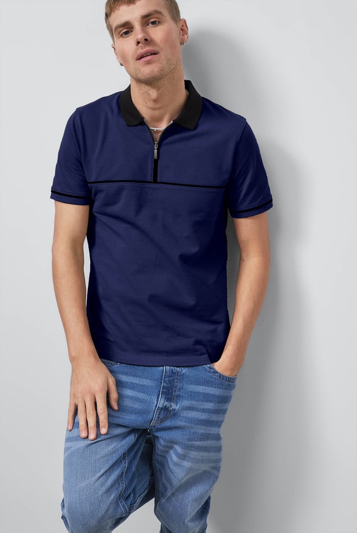 Contrast Collar Zip-Up Polo Shirt