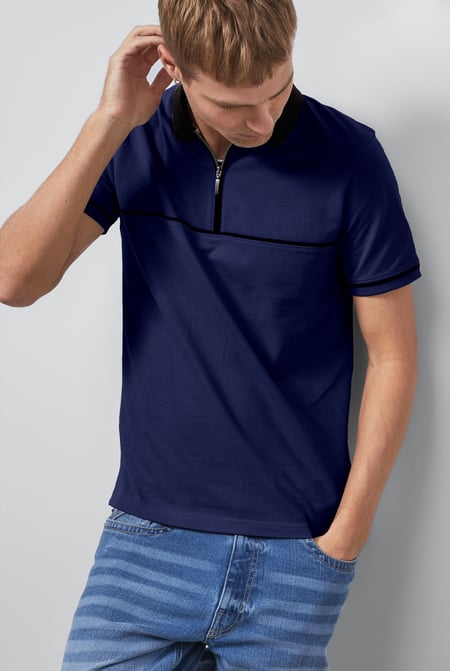 Blue Contrast Collar Zip-Up Polo Shirt