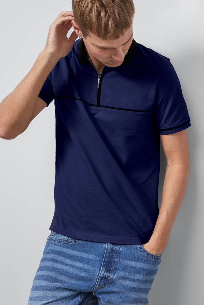 Contrast Collar Zip-Up Polo Shirt