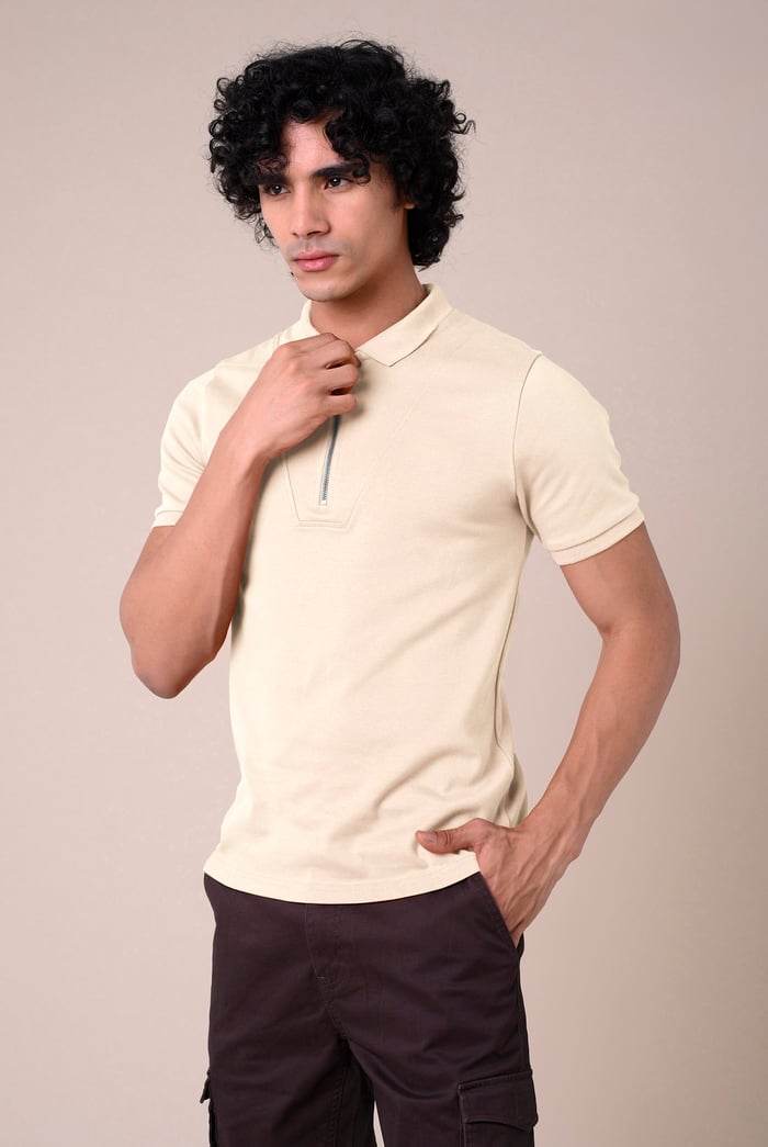 Ribbed Zip Neck Short Sleeve Polo