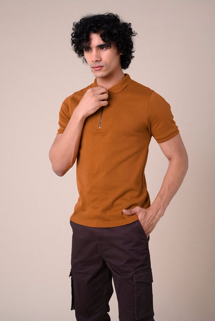 Ribbed Zip Neck Short Sleeve Polo