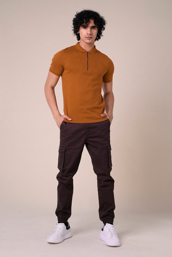Ribbed Zip Neck Short Sleeve Polo