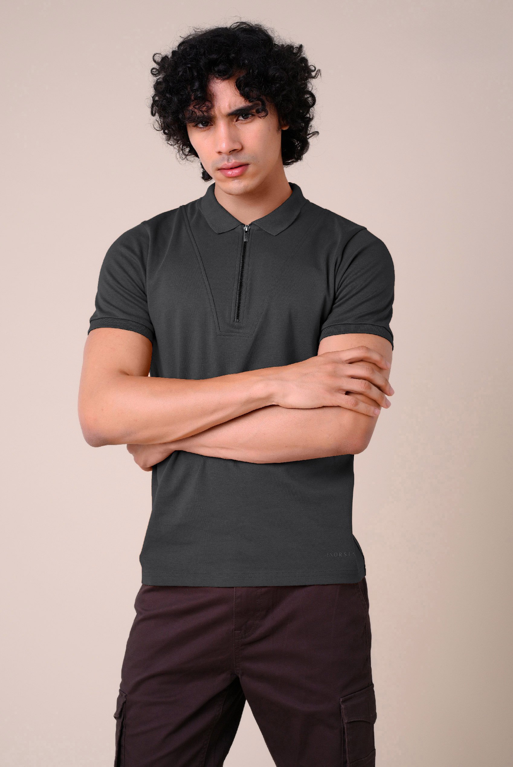 Ribbed Zip Neck Short Sleeve Polo