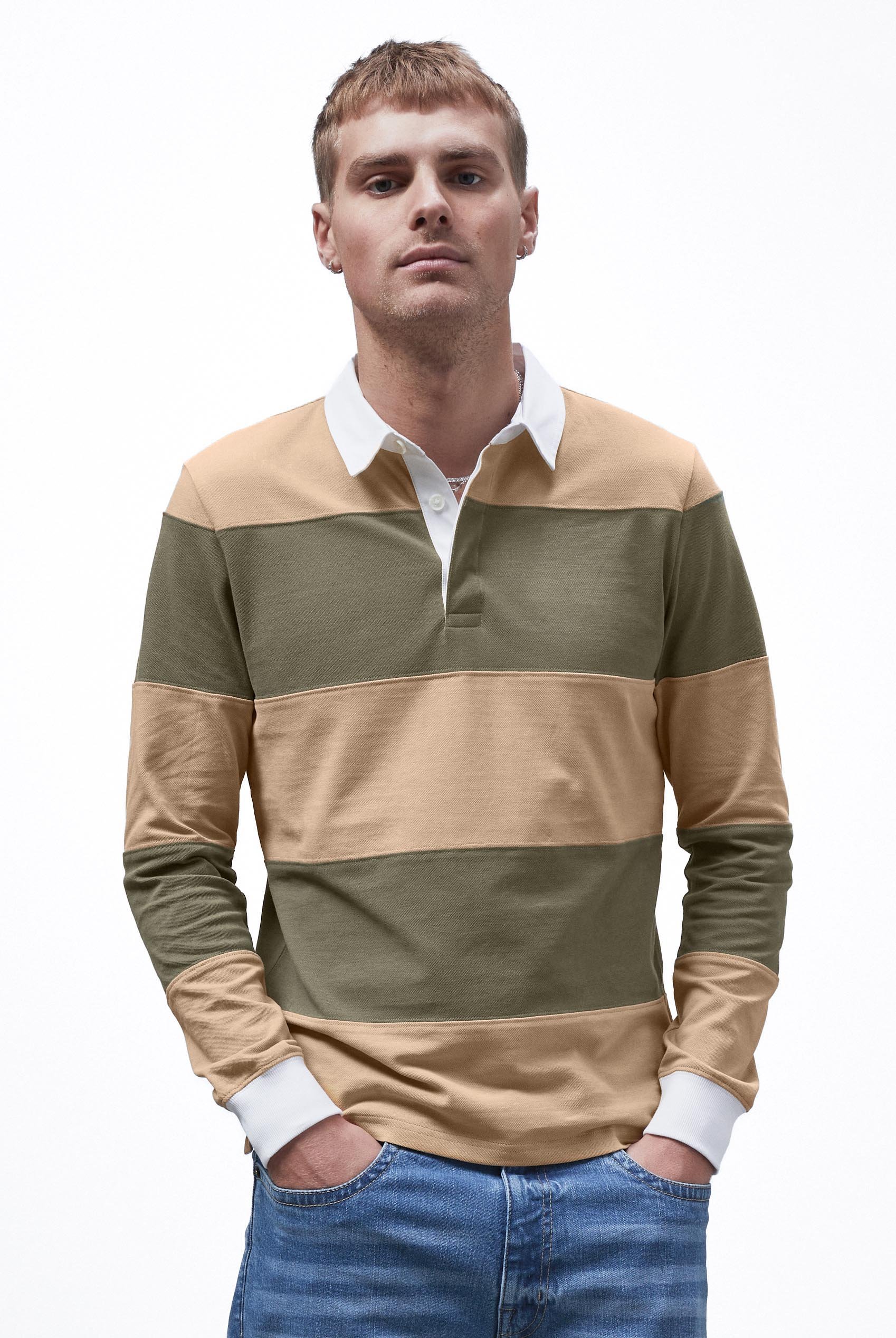 Colour Block Woven Collar L/S Polo Shirt