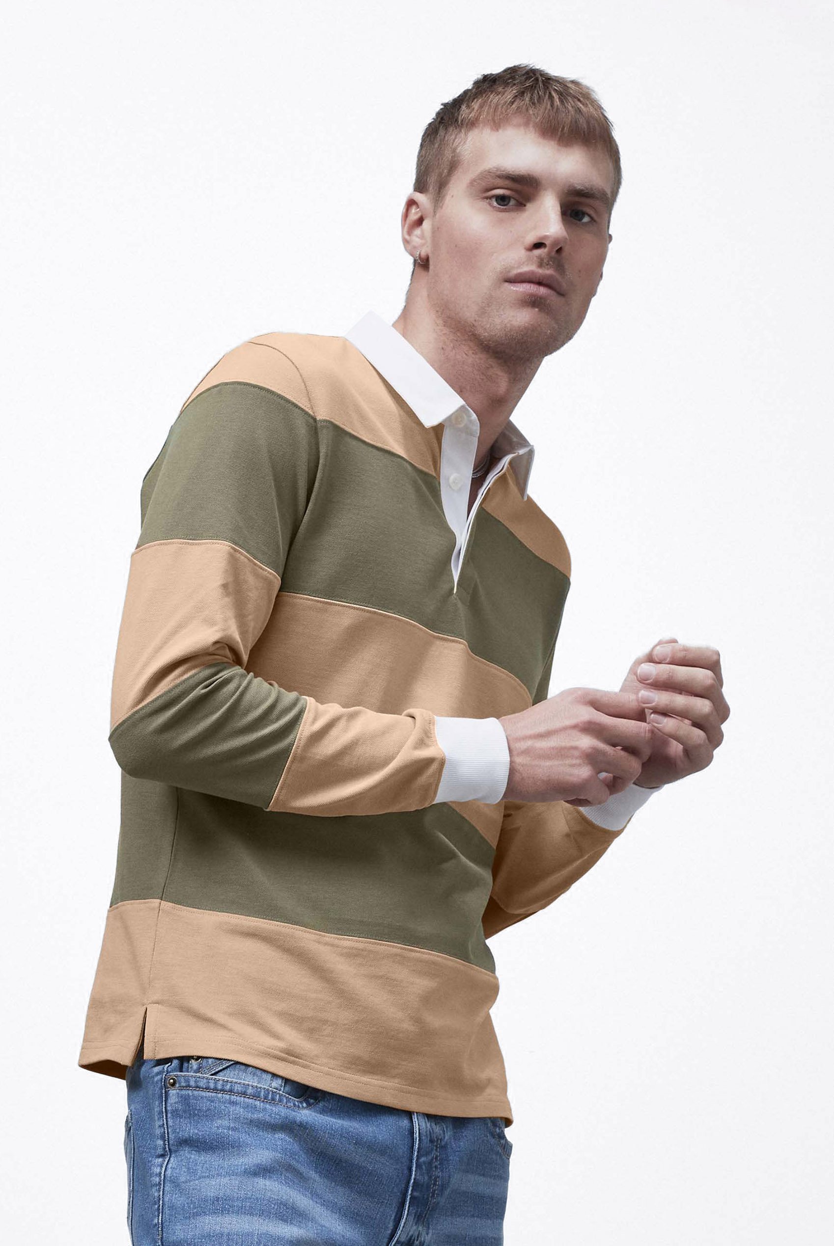 Colour Block Woven Collar L/S Polo Shirt
