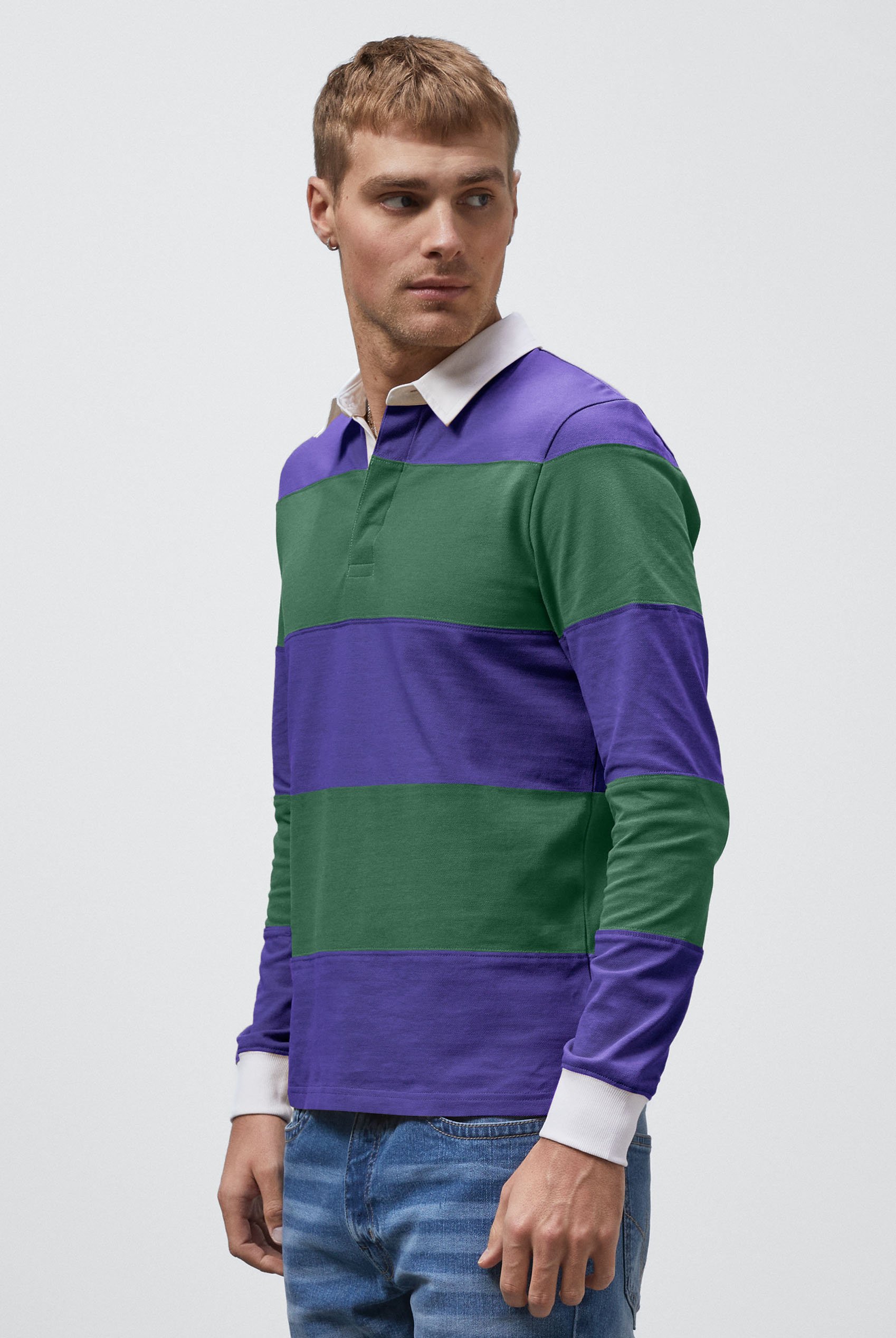 Colour Block Woven Collar L/S Polo Shirt