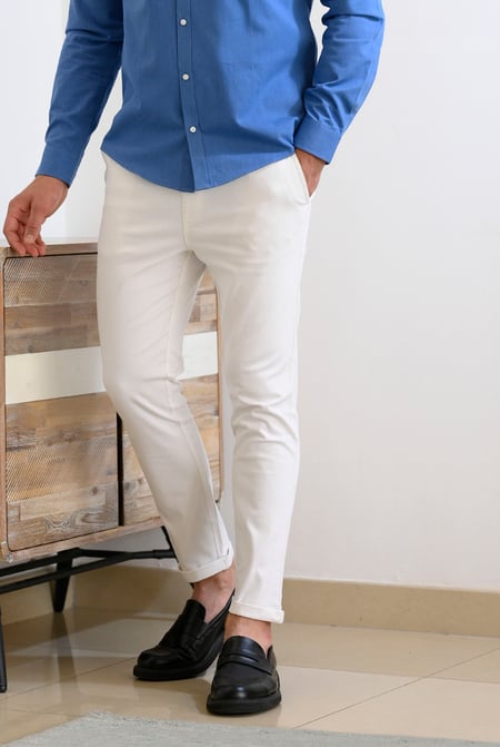 Mens Cream Folded Hem Trousers With Drawstring