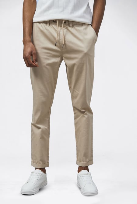Mens Cream Folded Hem Trousers With Drawstring