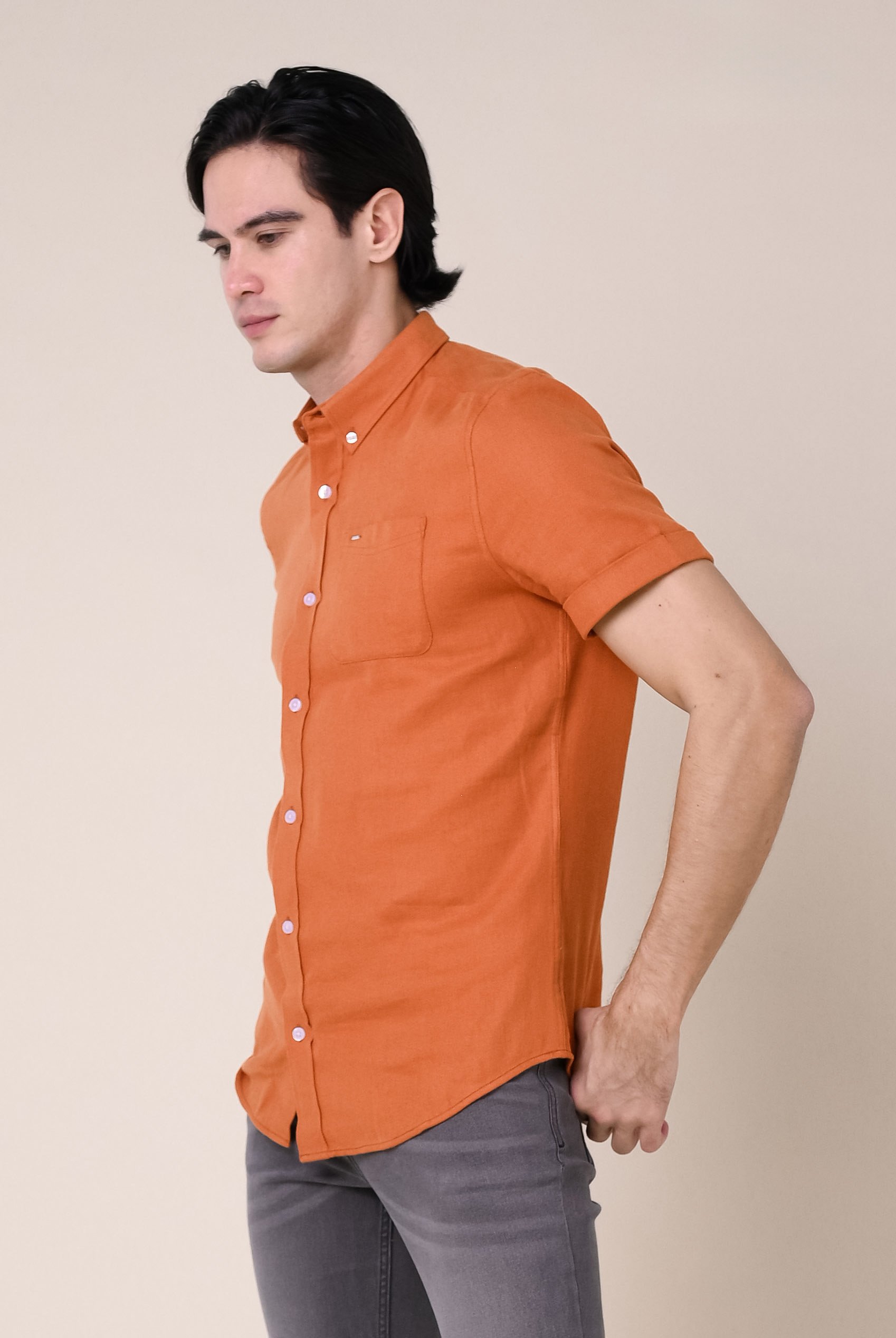 Mens Cotton Linen Roll-Up Sleeve Shirt