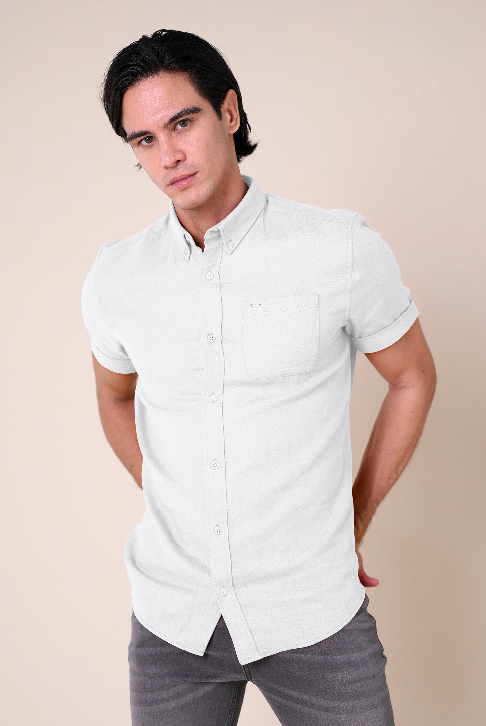 Mens Cotton Linen Roll-Up Sleeve Shirt