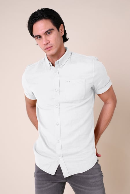 Mens White Cotton Linen Roll-Up Sleeve Shirt