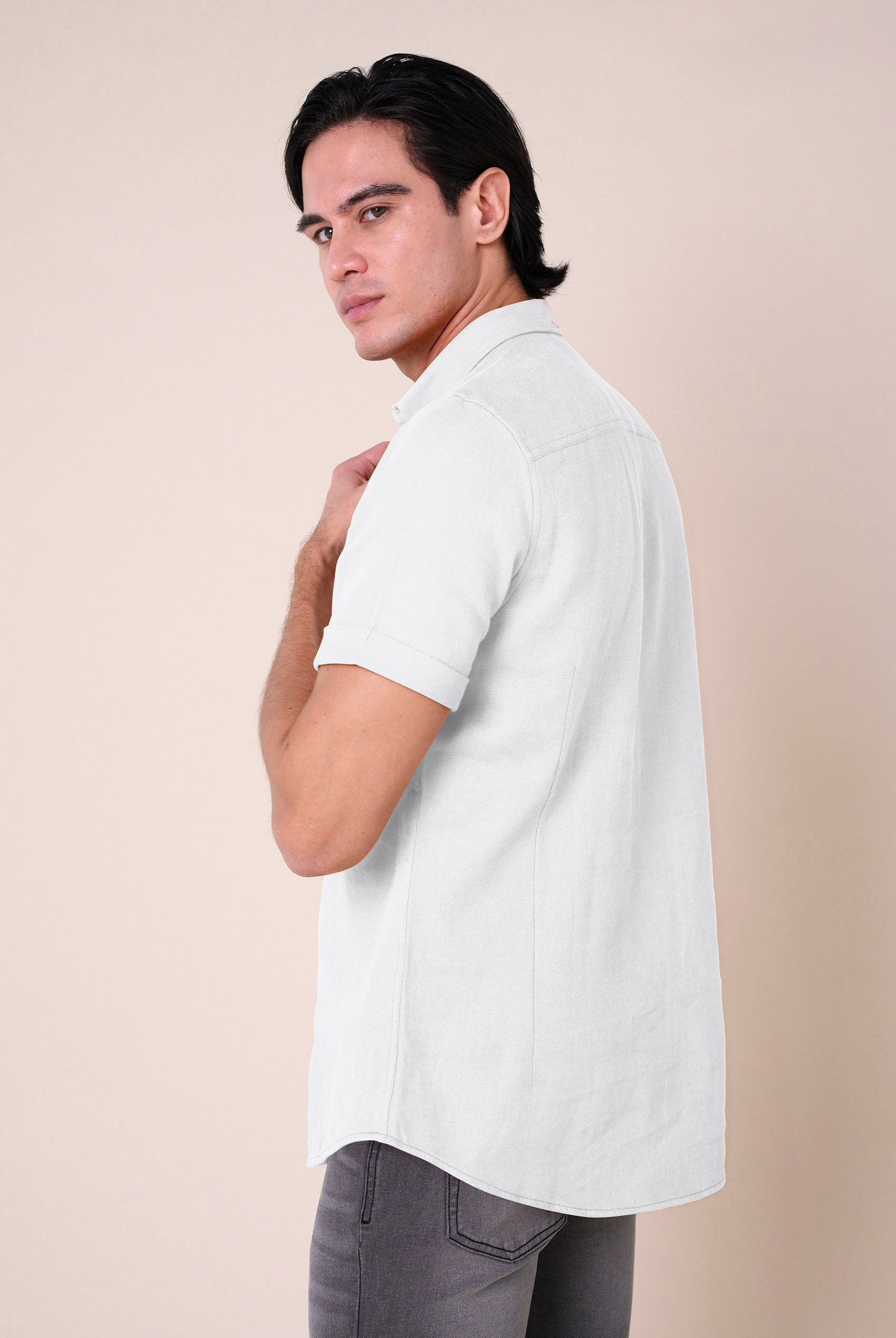 Mens Cotton Linen Roll-Up Sleeve Shirt