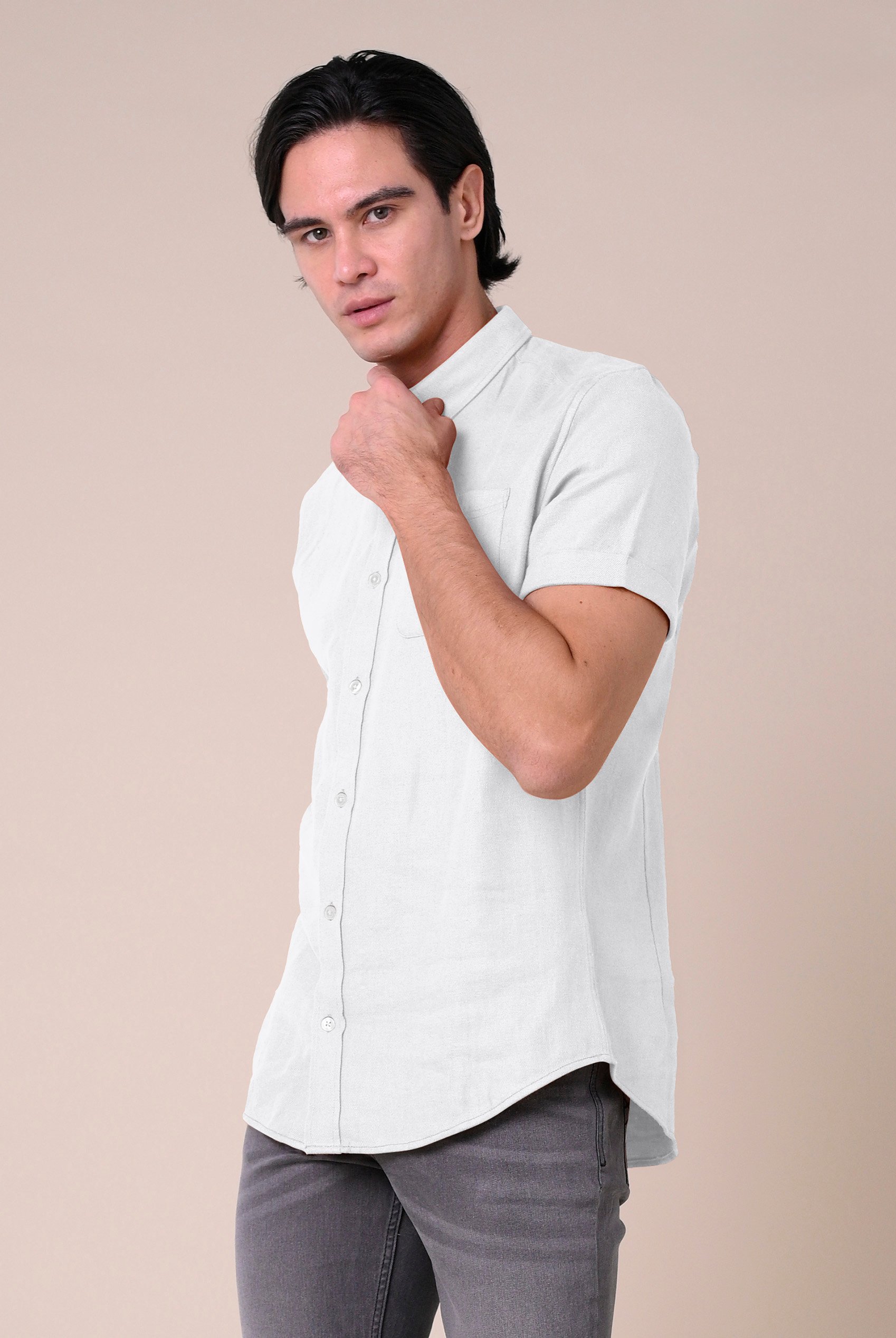 Mens Cotton Linen Roll-Up Sleeve Shirt
