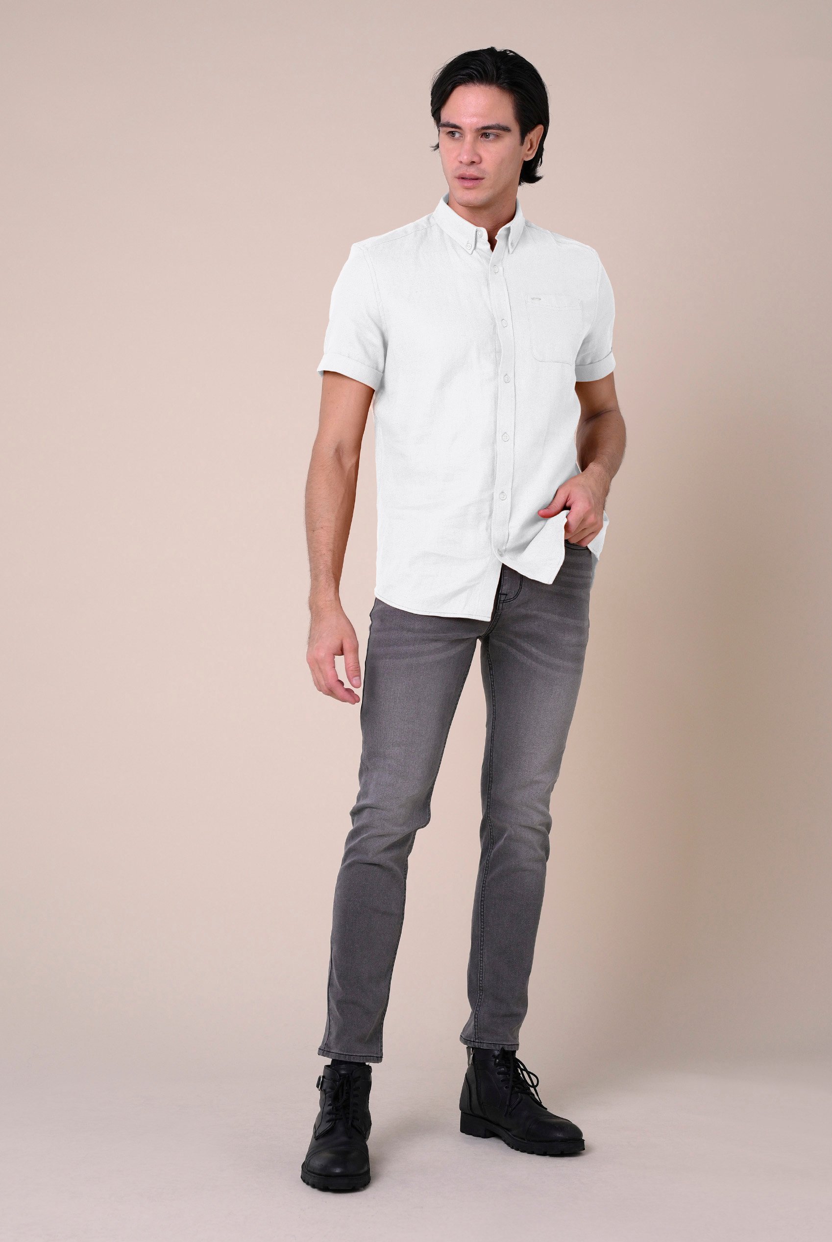 Mens Cotton Linen Roll-Up Sleeve Shirt