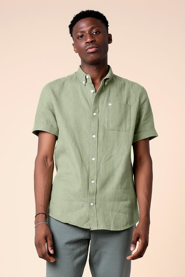 Mens Green Cotton Linen Roll-Up Sleeve Shirt