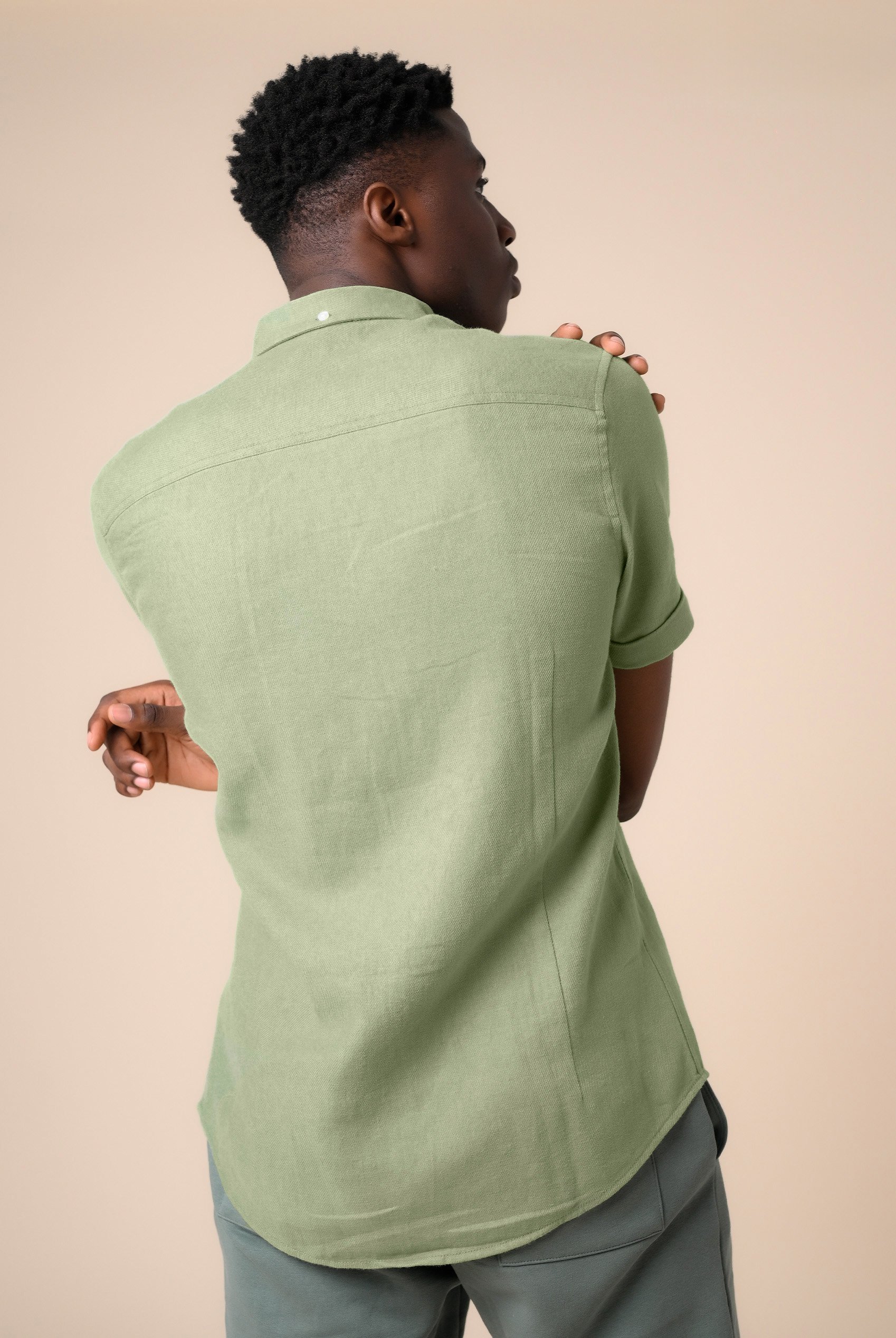Mens Cotton Linen Roll-Up Sleeve Shirt