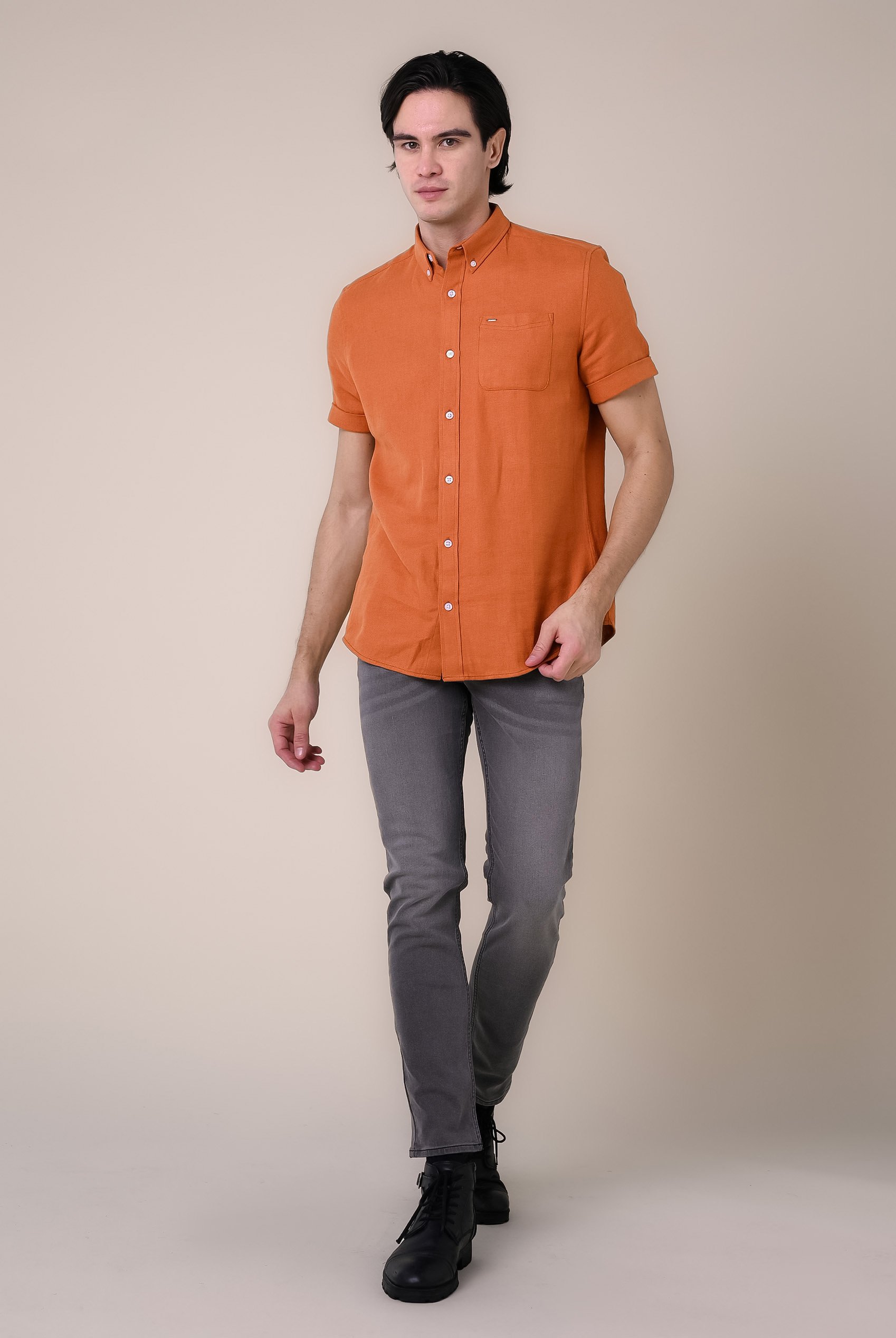 Mens Cotton Linen Roll-Up Sleeve Shirt