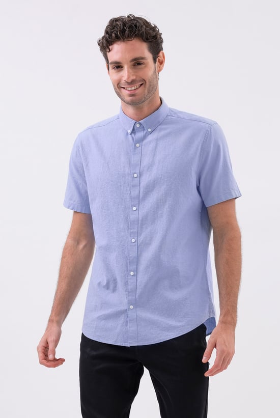 Solid Linen Blend Short Sleeve Shirt