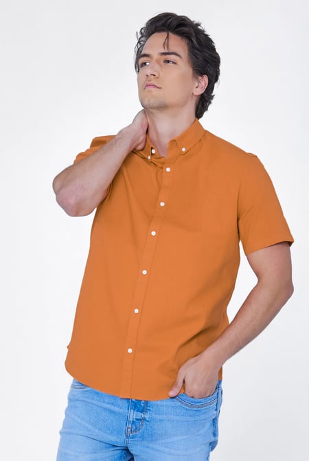 Orange Solid Linen Blend Short Sleeve Shirt