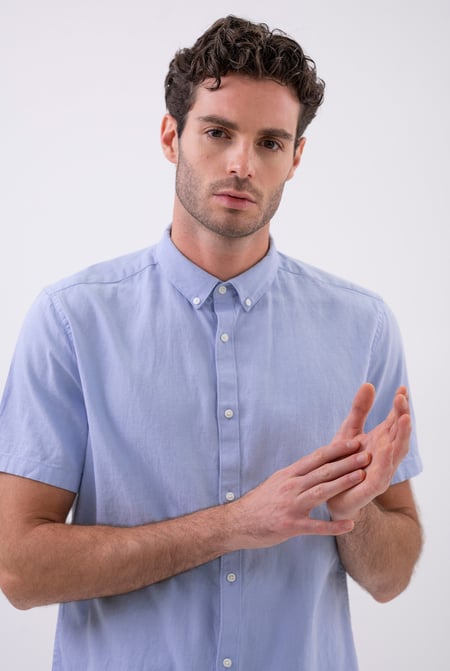 Blue Solid Linen Blend Short Sleeve Shirt