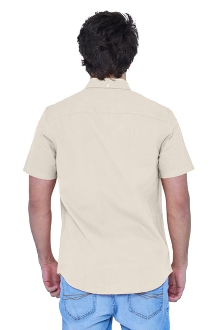 Beige Solid Linen Blend Short Sleeve Shirt