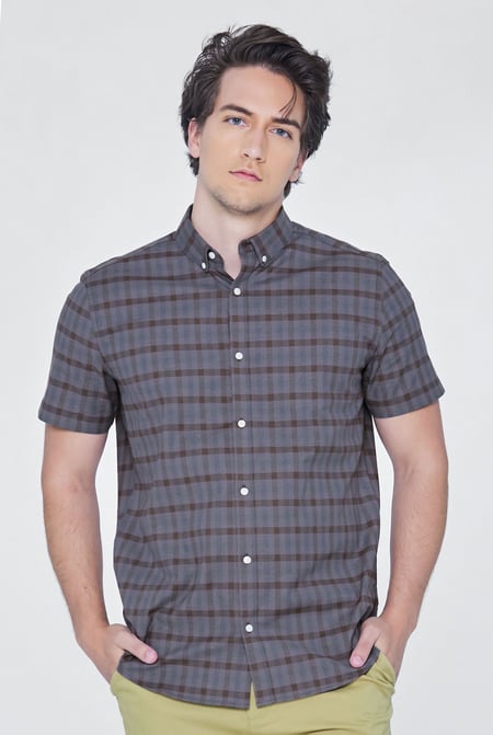 Grey Check Short Sleeve Oxford Shirt