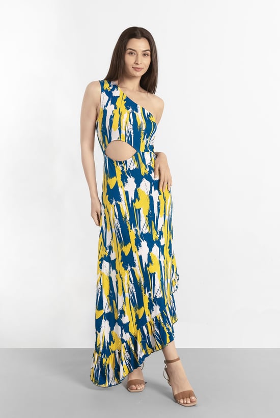 Brush Print One-Shoulder Ruffled Cutout Dress