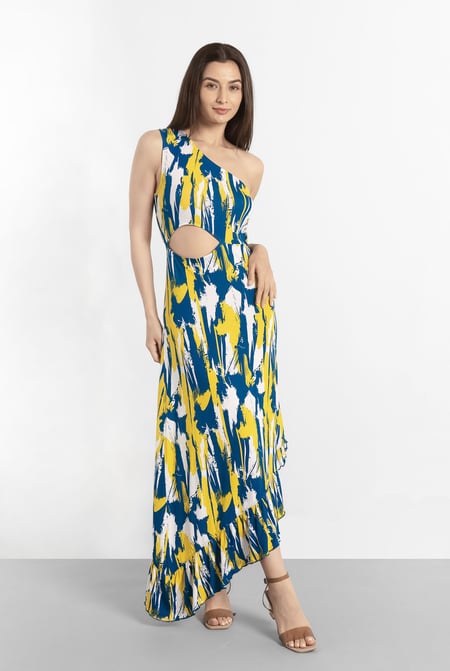 White Brush Print One-Shoulder Ruffled Cutout Dress
