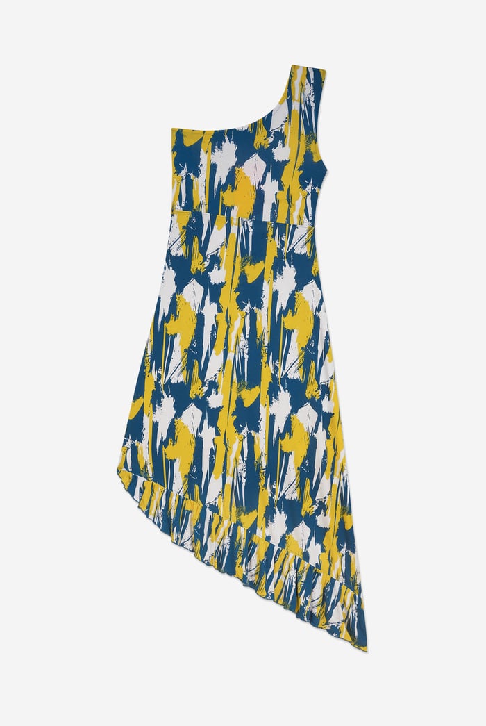 Brush Print One-Shoulder Ruffled Cutout Dress