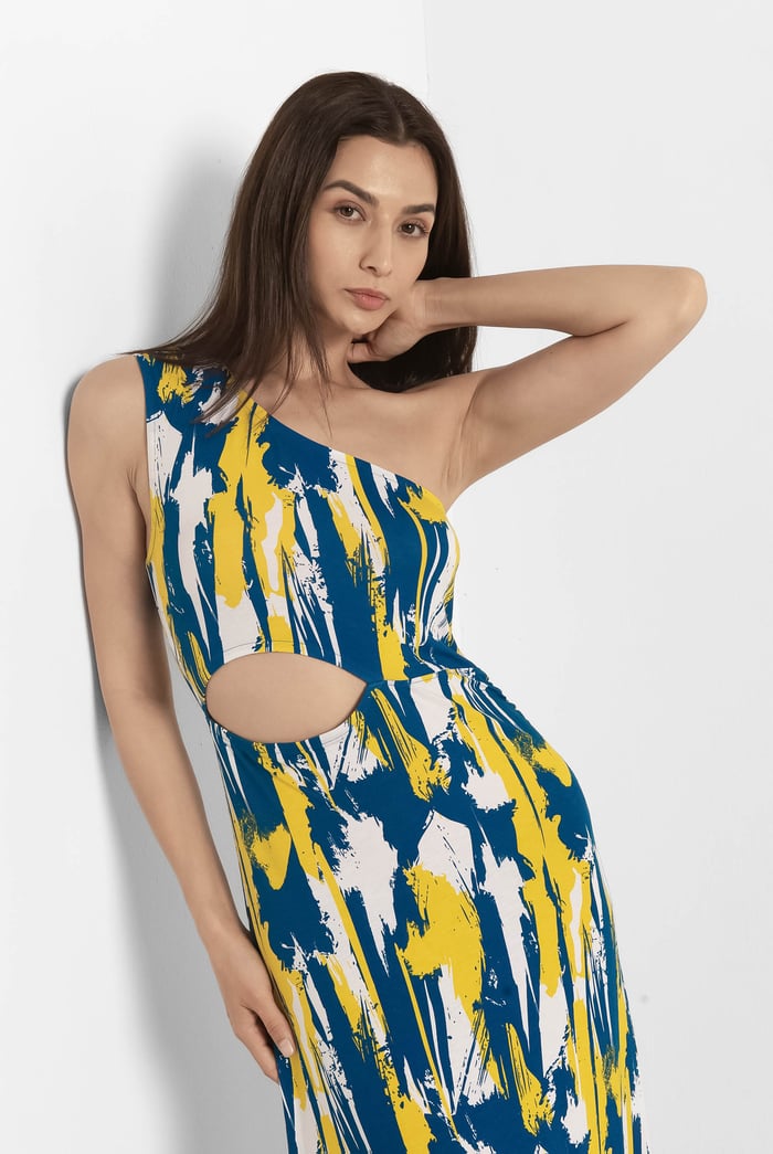 Brush Print One-Shoulder Ruffled Cutout Dress