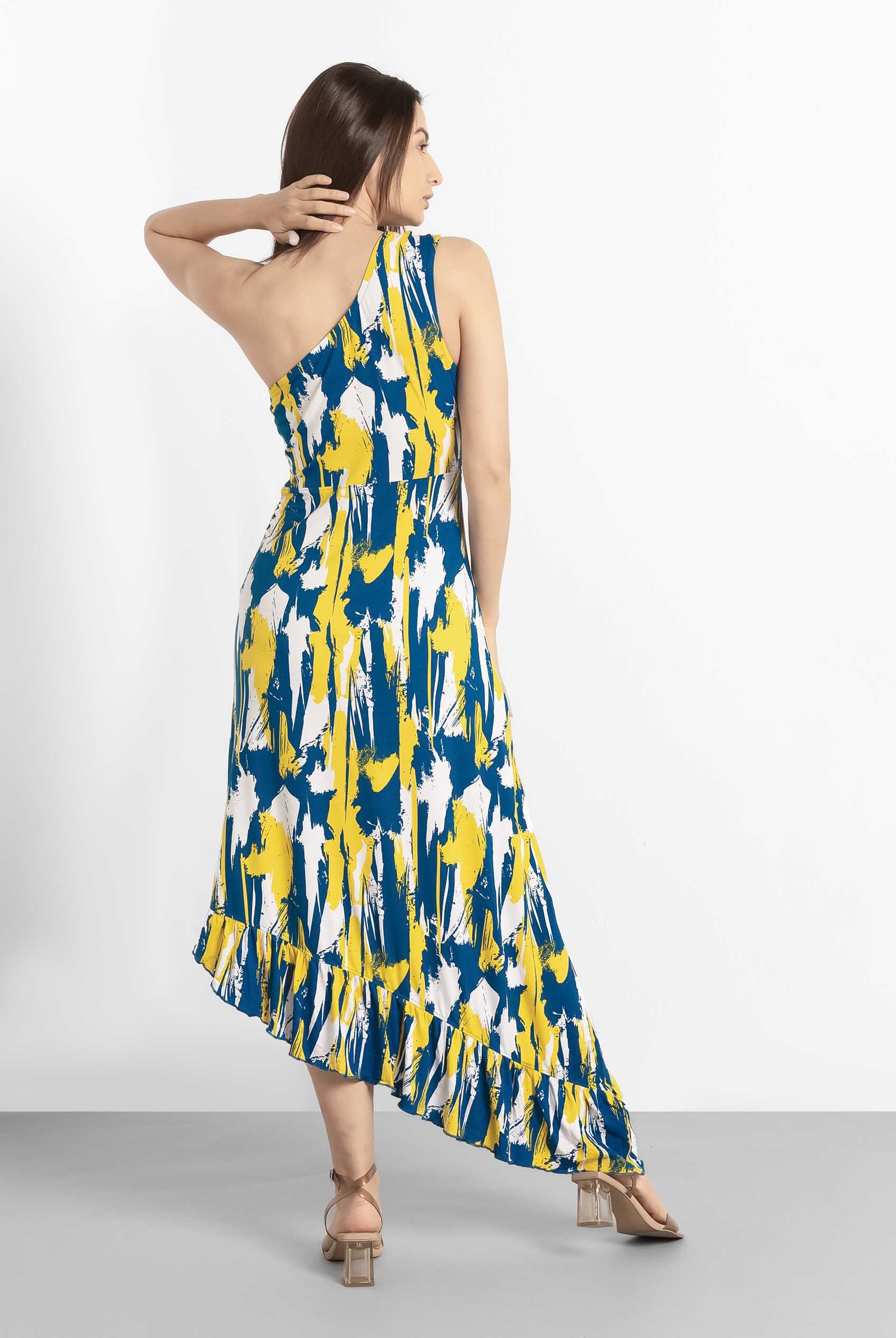 Brush Print One-Shoulder Ruffled Cutout Dress