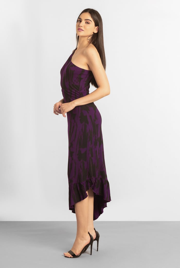 Brush Print One-Shoulder Ruffled Cutout Dress