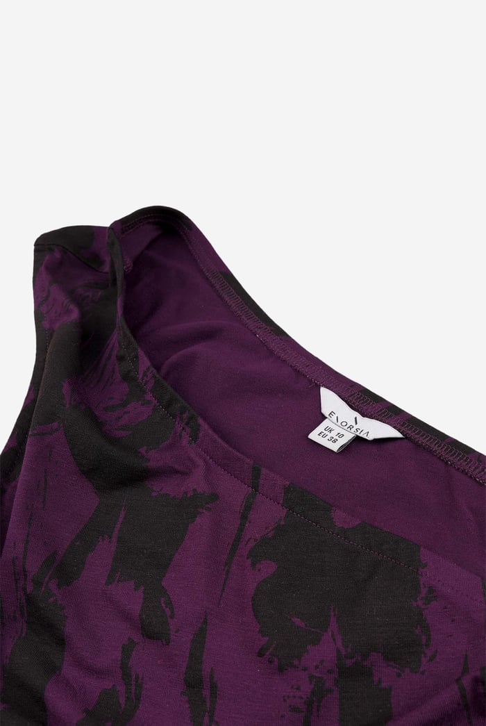 Brush Print One-Shoulder Ruffled Cutout Dress