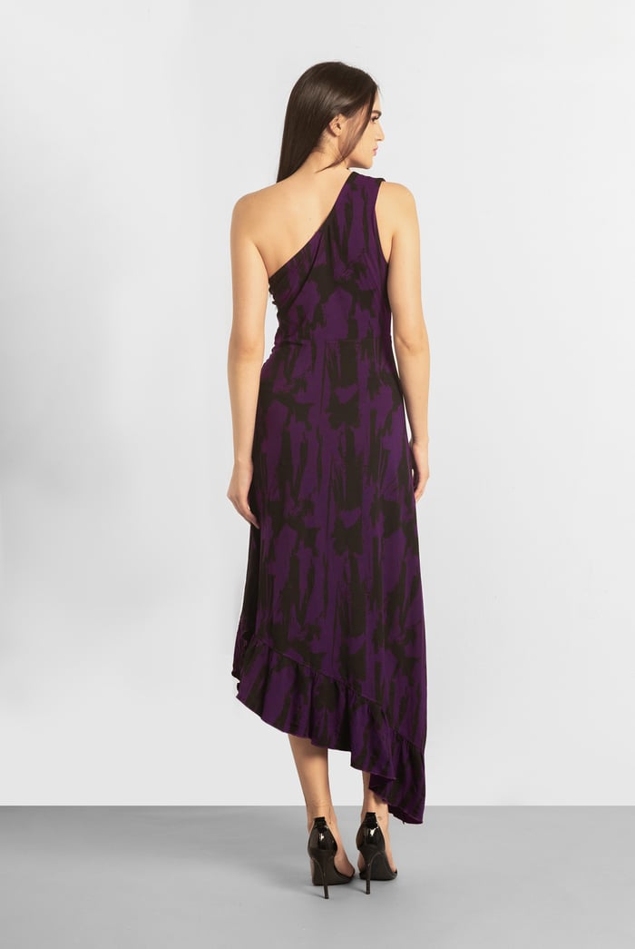Brush Print One-Shoulder Ruffled Cutout Dress