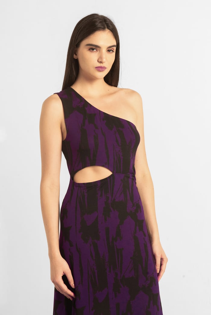 Brush Print One-Shoulder Ruffled Cutout Dress