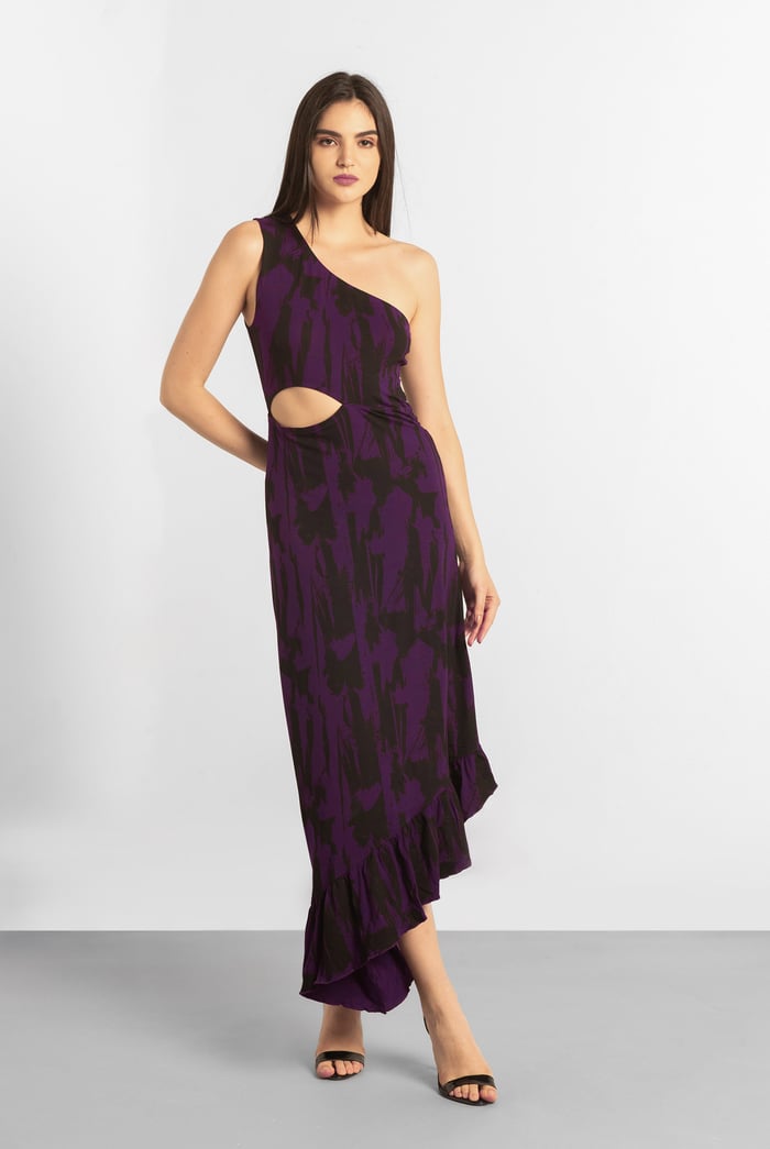 Brush Print One-Shoulder Ruffled Cutout Dress