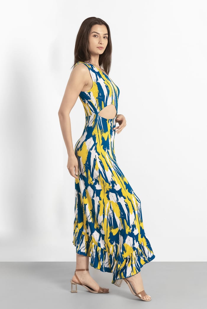 Brush Print One-Shoulder Ruffled Cutout Dress