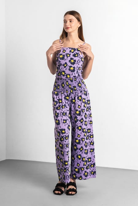 Purple Smocked Waist Floral Printed Jumpsuit