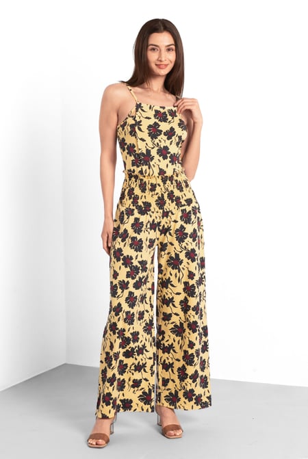 Purple Smocked Waist Floral Printed Jumpsuit