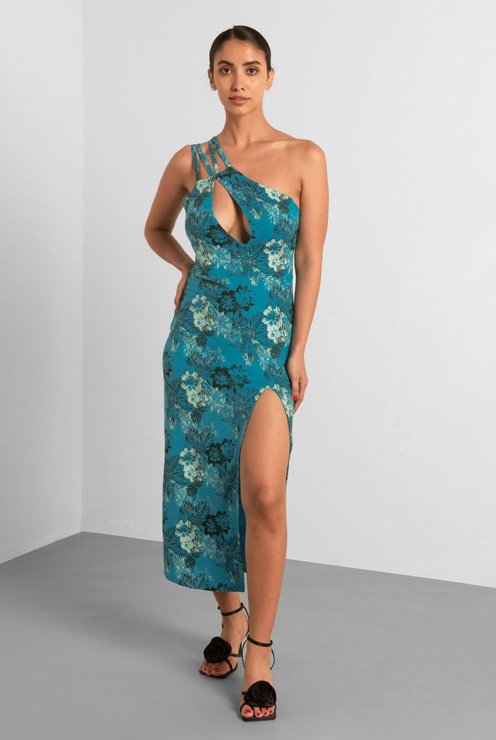 One Shoulder Floral Printed Maxi Dress
